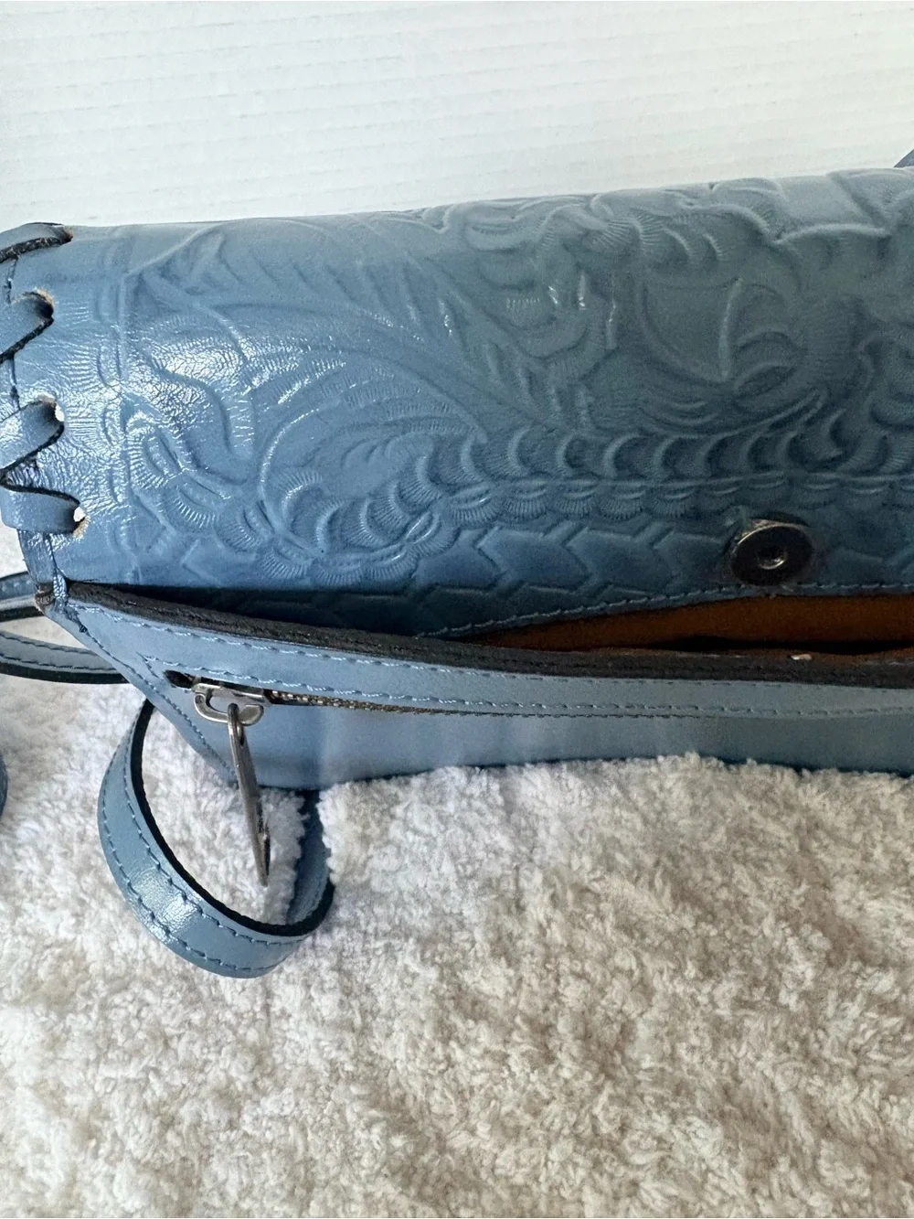 Patricia Nash Lanza Tooled Leather Crossbody Bag Blue Floral Whipstitch